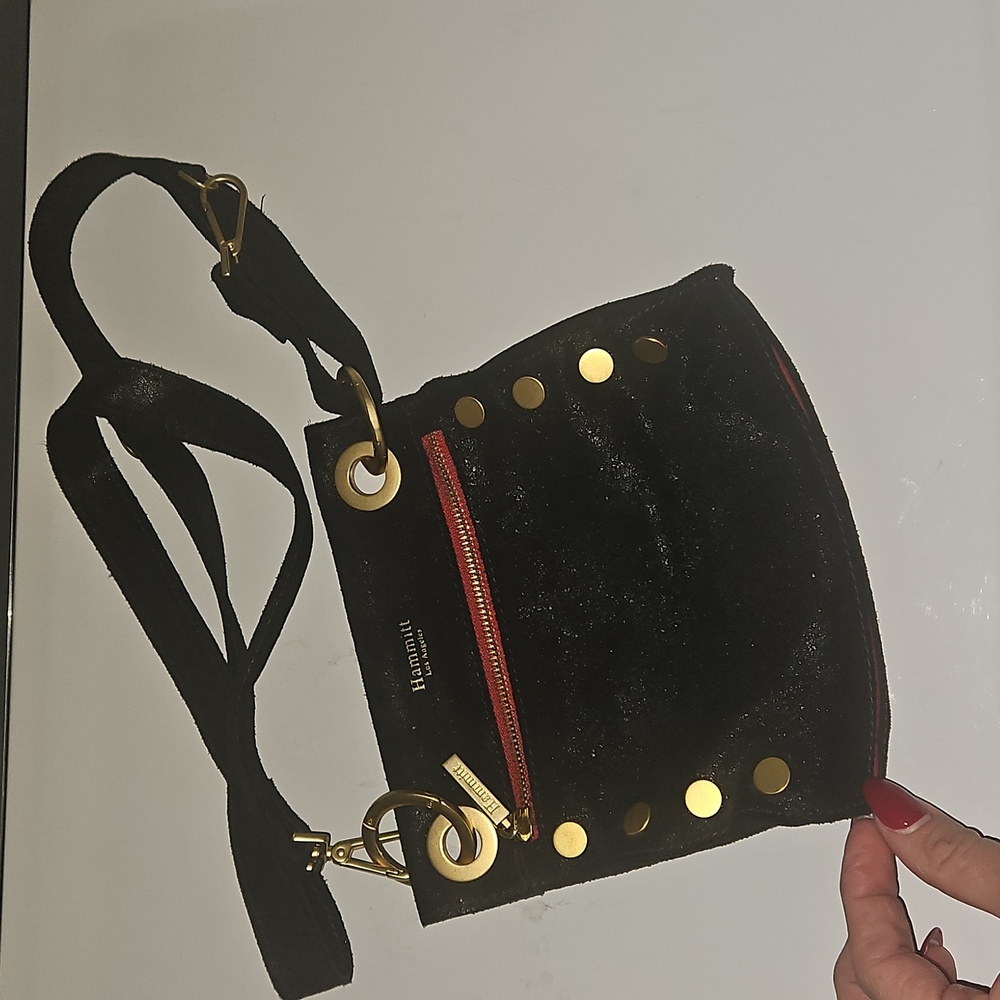 Hammitt Black Velvet Crossbody with Gold Studs and Red Zip